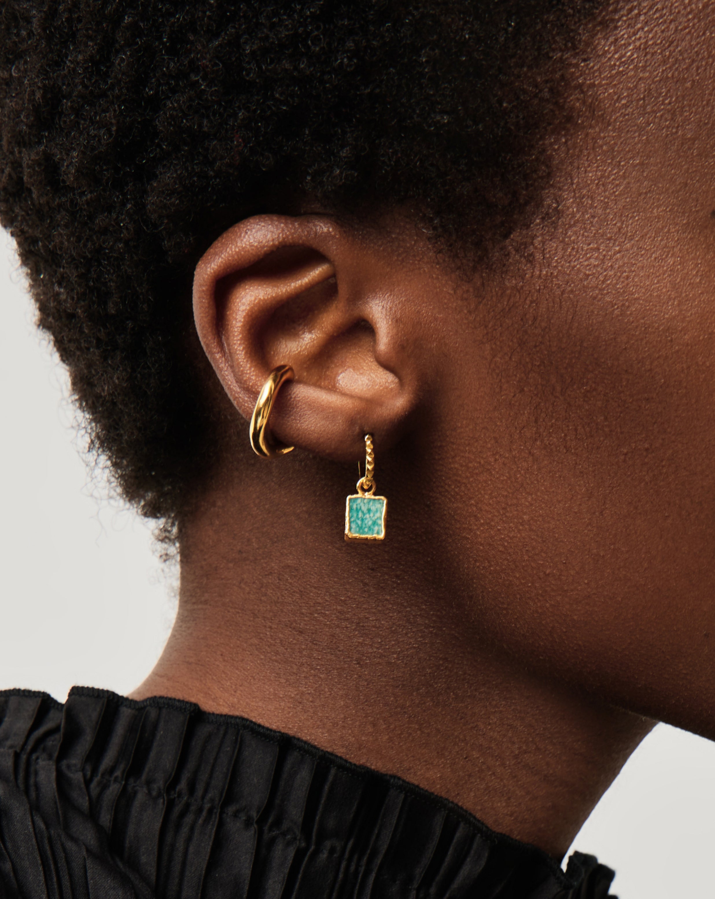 Mini Pyramid Charm Hoop Earrings | 18ct Gold Vermeil/Amazonite