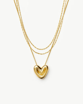 Double Chain & Puffy Heart Necklace Set 