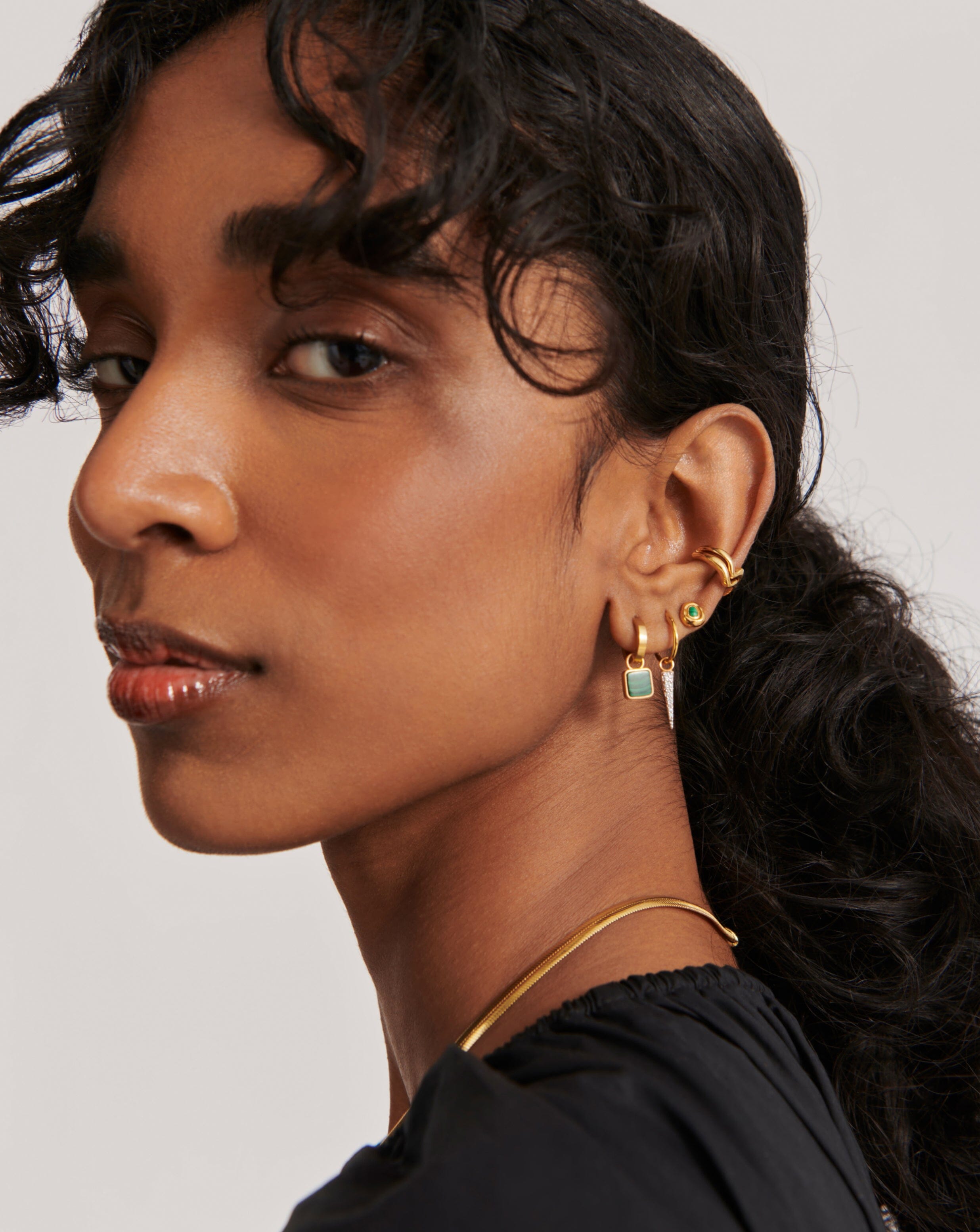 Lucy Williams Square Malachite Charm Mini Hoop Earrings | 18ct Gold Plated Vermeil/Malachite Earrings Missoma 