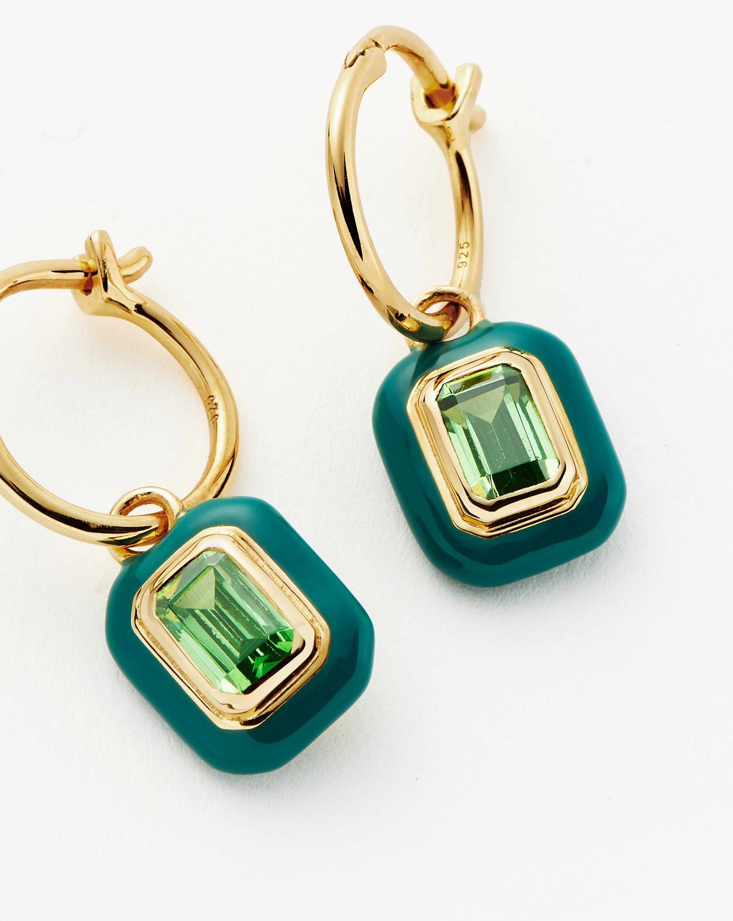 Enamel & Stone Charm Mini Hoop Earrings | 18ct Gold Plated Vermeil/Green Cubic Zirconia Earrings Missoma 