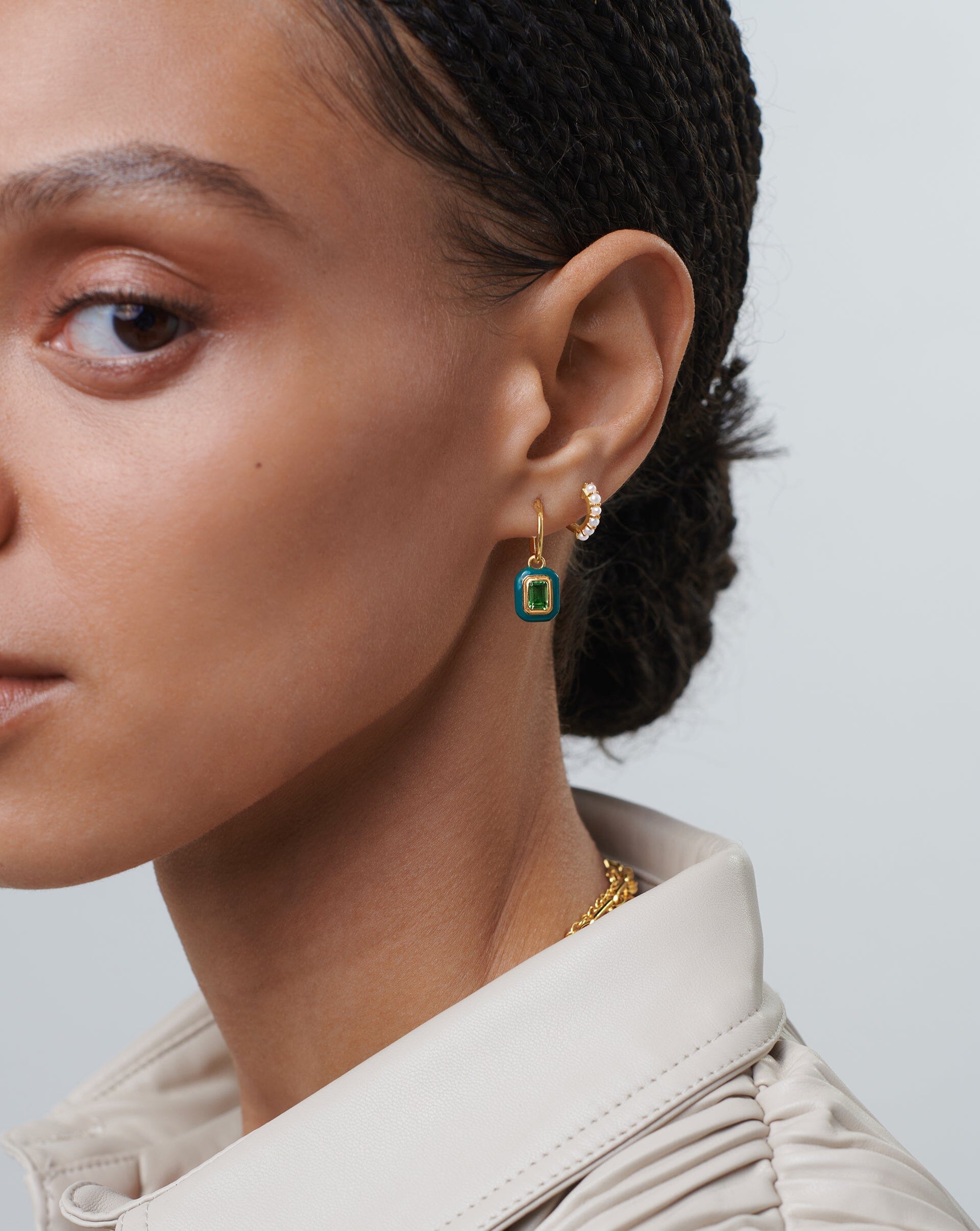 Enamel & Stone Charm Mini Hoop Earrings | 18ct Gold Plated Vermeil/Green Cubic Zirconia Earrings Missoma 