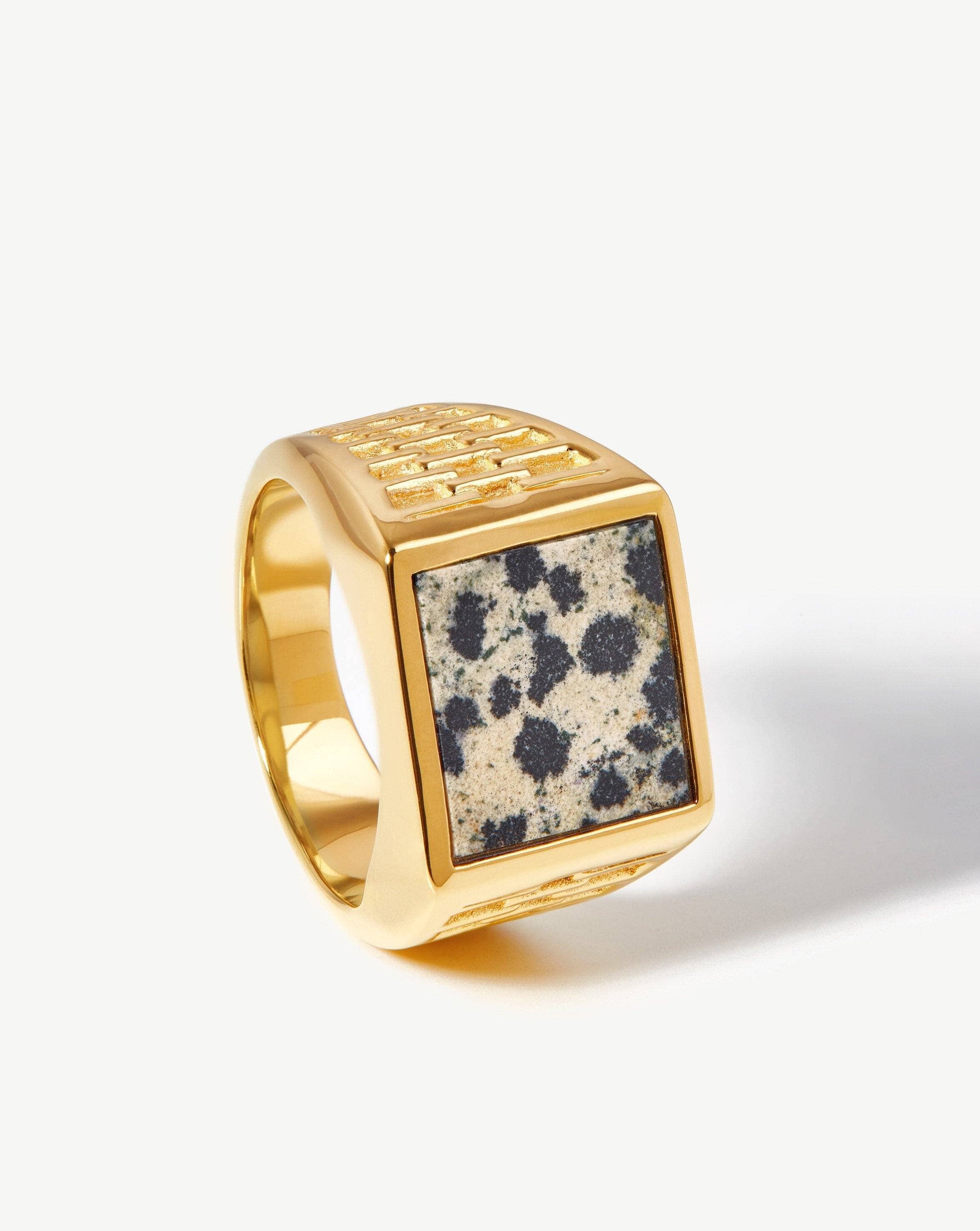 Fused Woven Gemstone Square Signet Ring | 18ct Gold Plated Vermeil/Dalmation Jasper Rings Missoma 