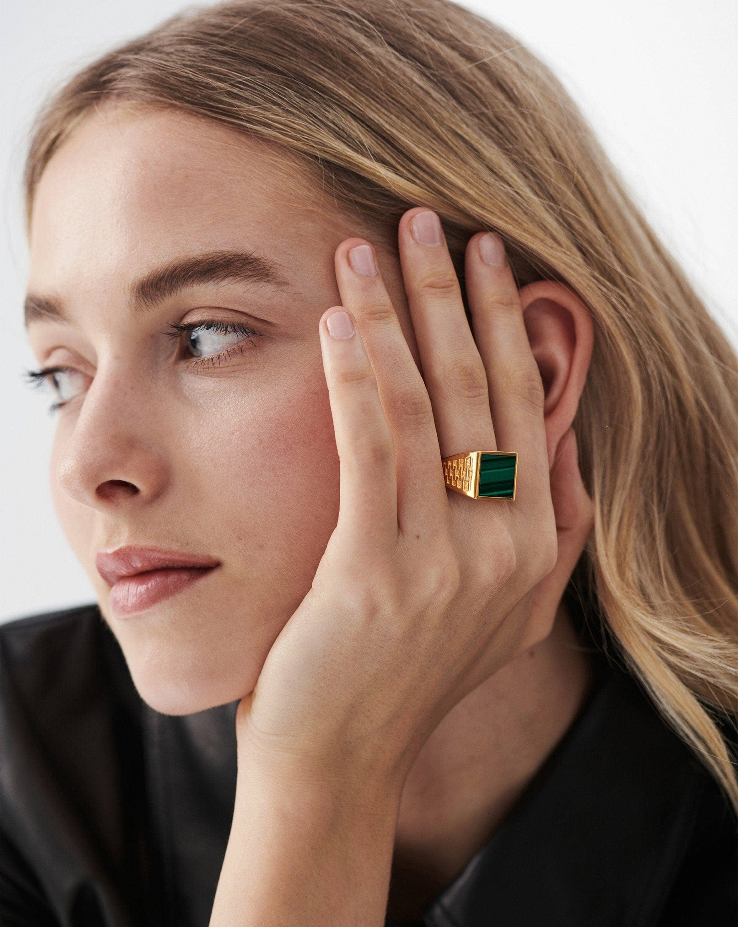 Fused Woven Gemstone Square Signet Ring | 18ct Gold Plated Vermeil/Malachite Rings Missoma 