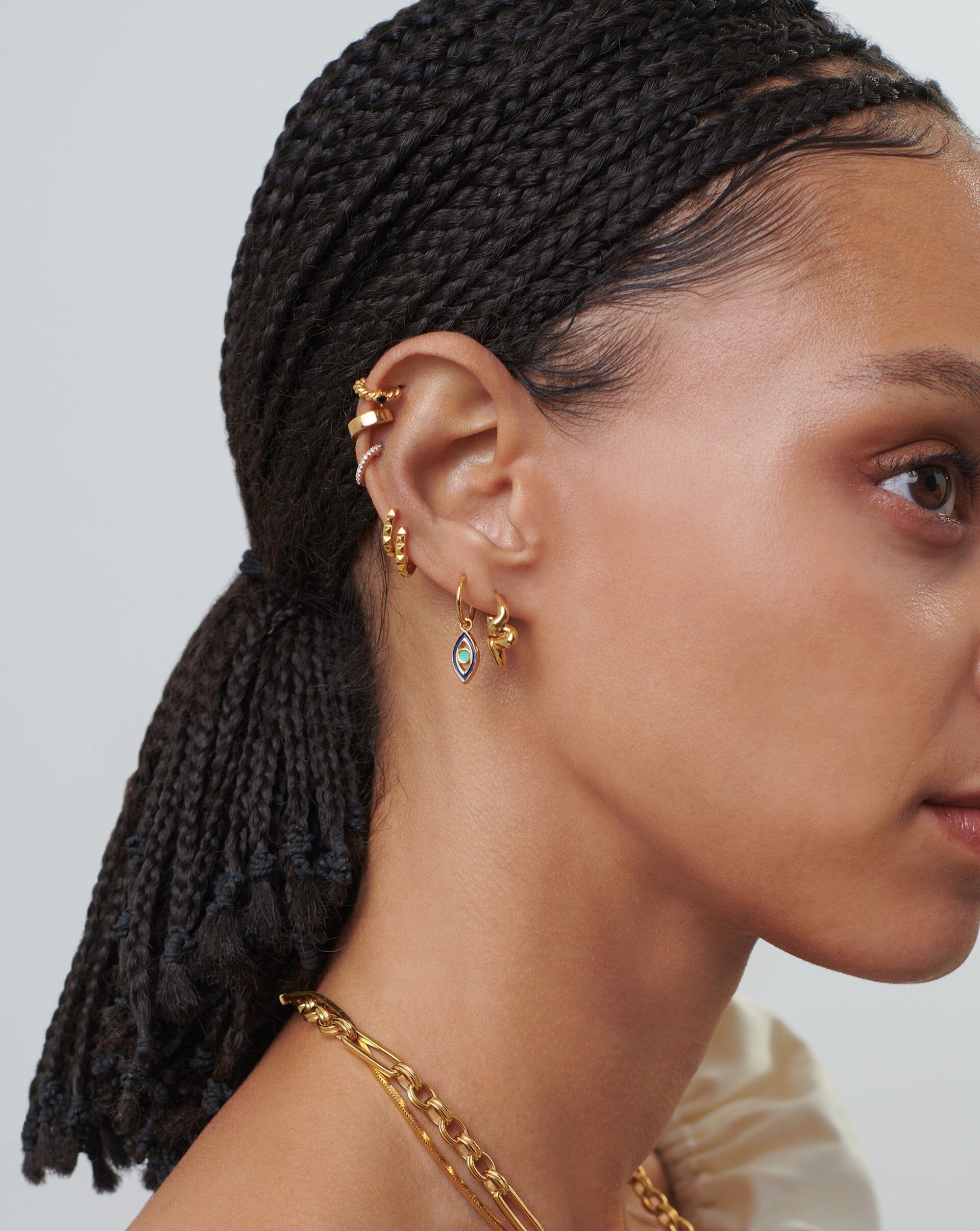 Good Vibes Enamel Evil Eye Mini Charm Hoop Earrings | 18ct Gold Plated Vermeil/Aqua & Navy Earrings Missoma 