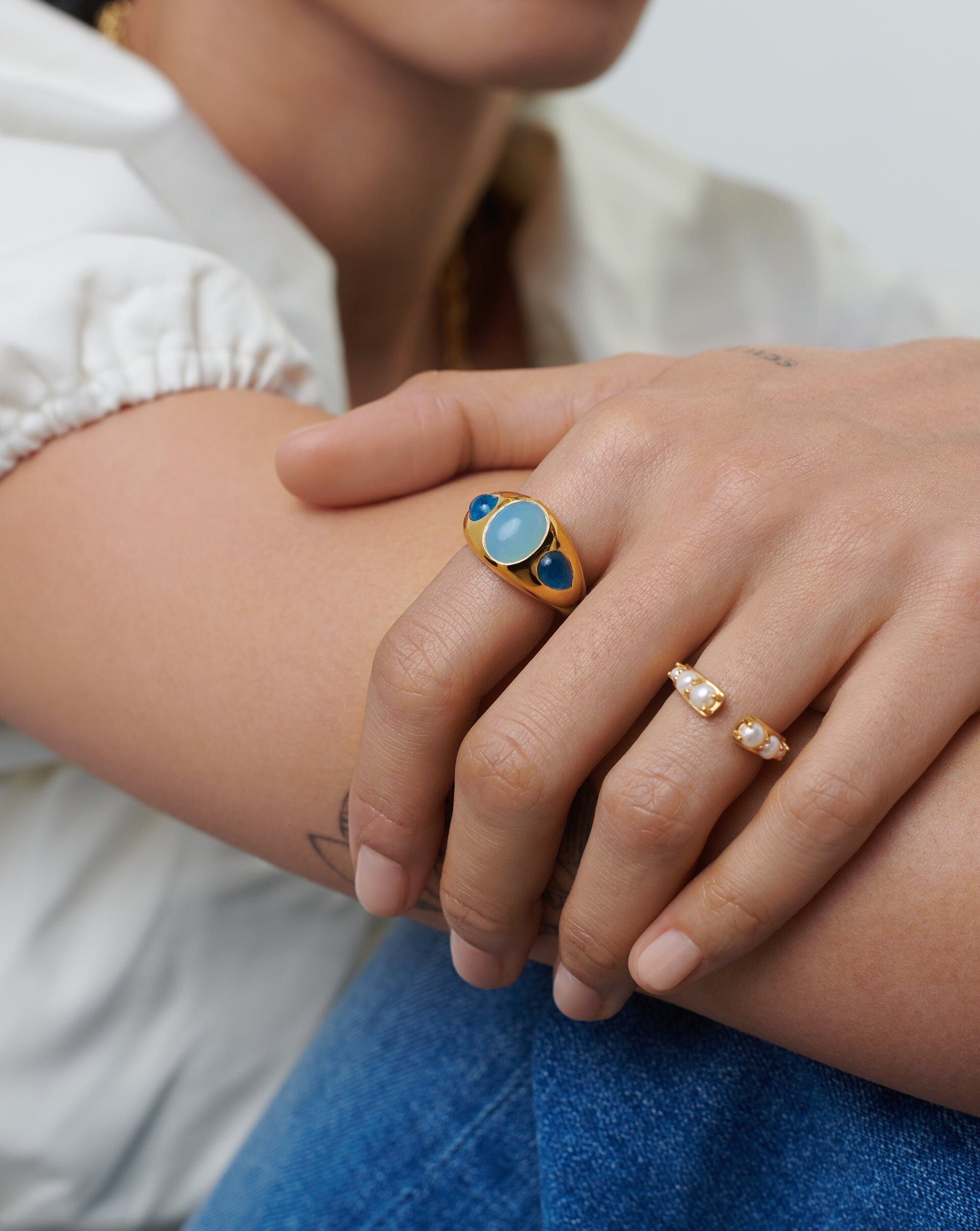 Good Vibes Triple Gemstone Dome Ring | 18ct Gold Plated/Blue Quartz & Aqua Chalcedony Rings Missoma 