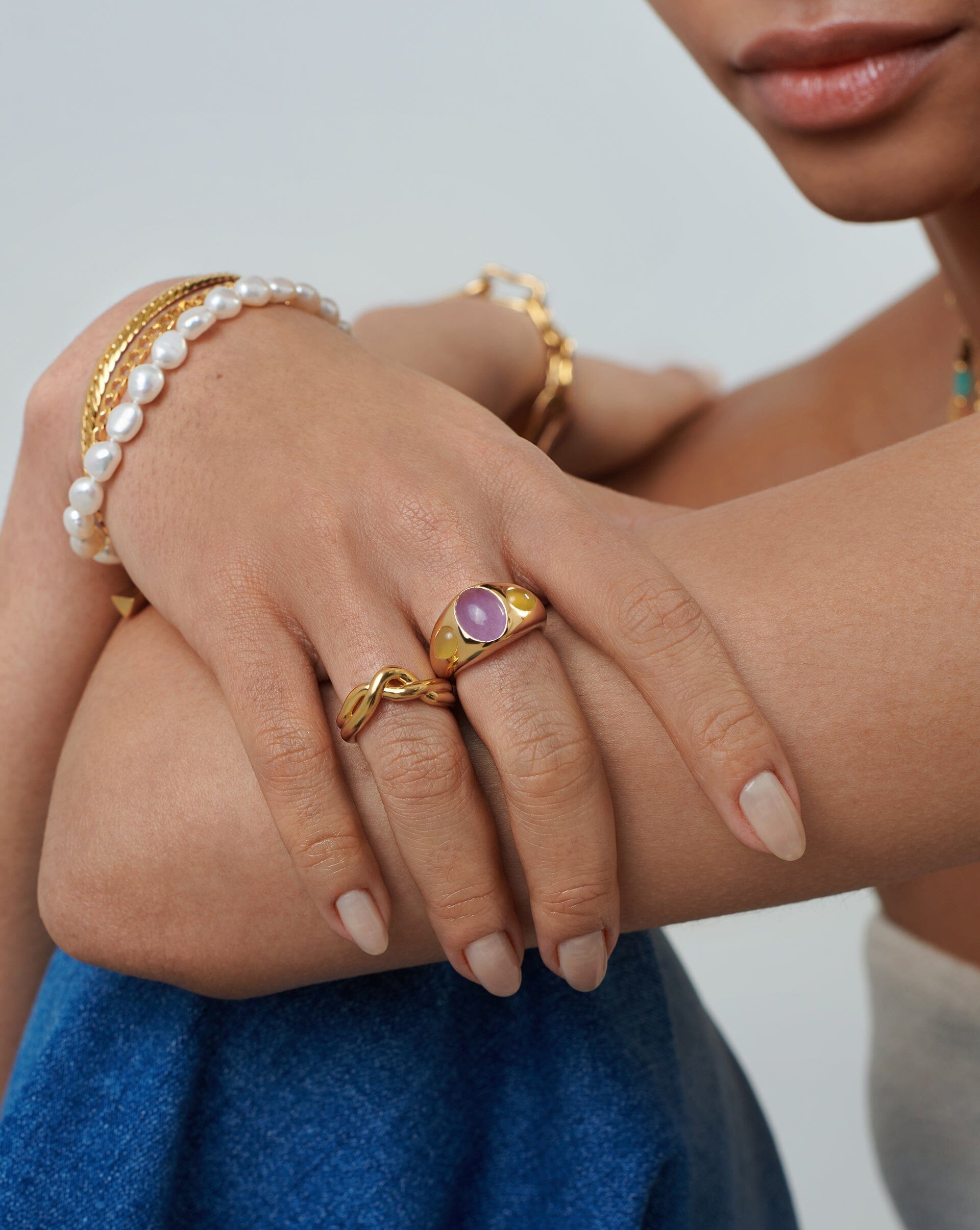 Good Vibes Triple Gemstone Dome Ring | 18ct Gold Plated/Purple Quartz & Mango Chalcedony Rings Missoma 