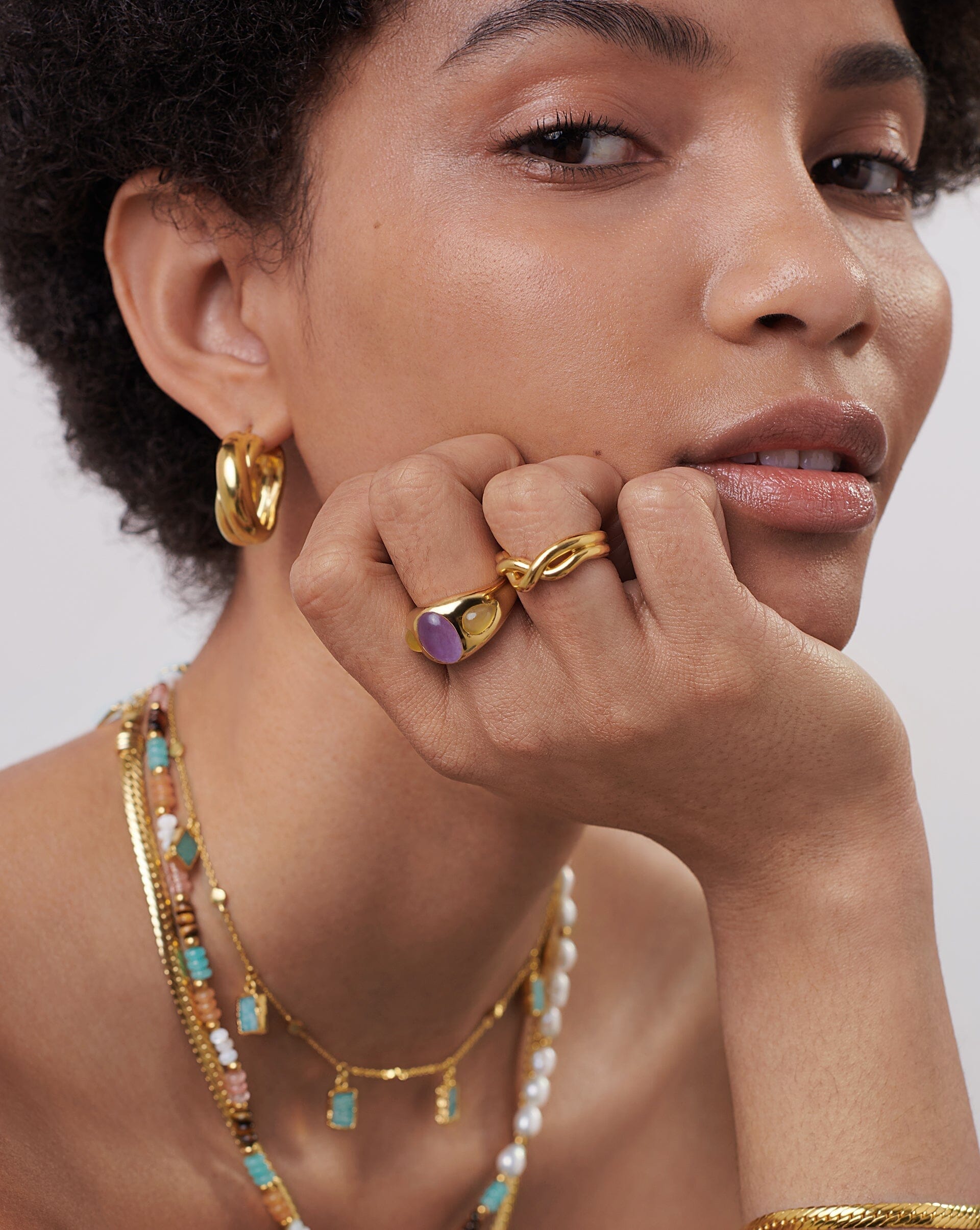 Good Vibes Triple Gemstone Dome Ring | 18ct Gold Plated/Purple Quartz & Mango Chalcedony Rings Missoma 