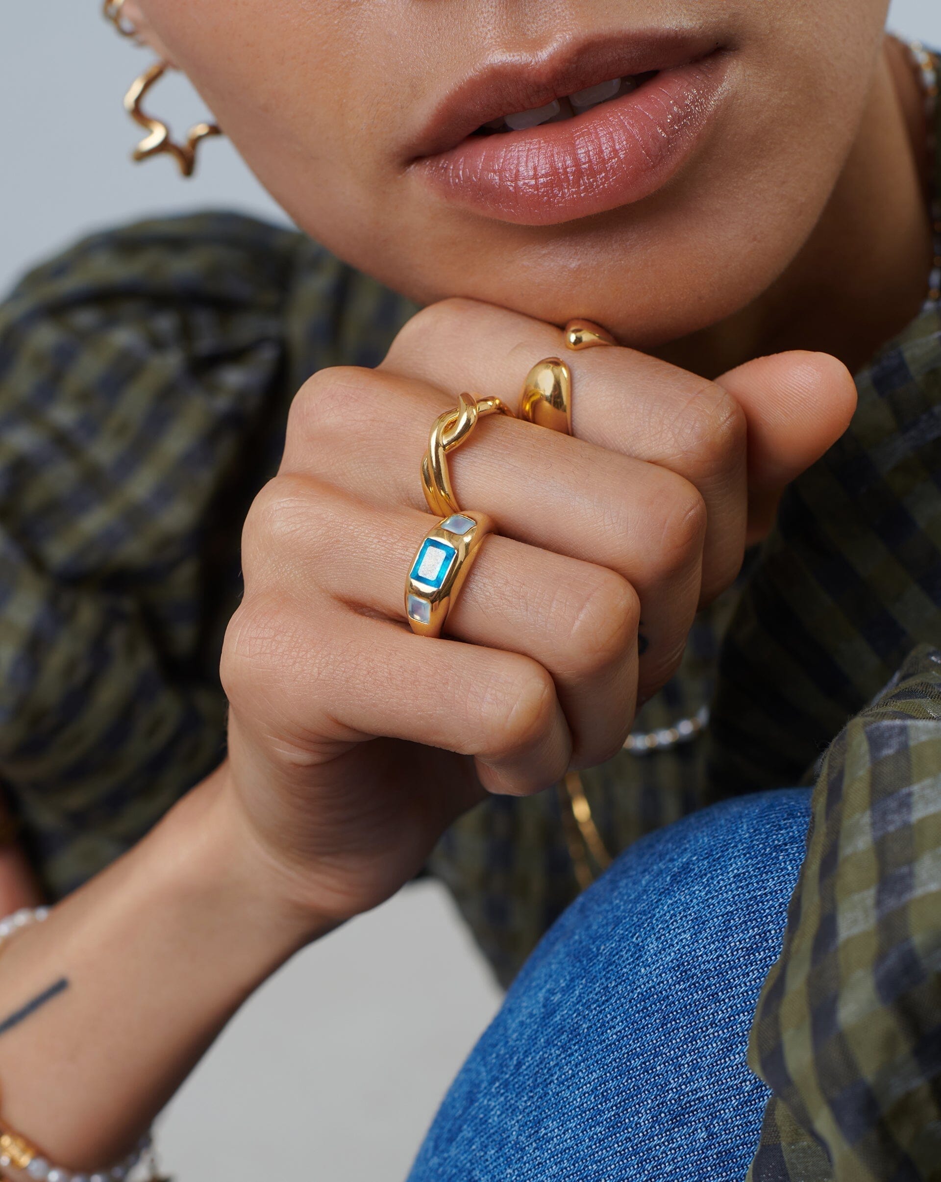 Good Vibes Triple Gemstone Statement Ring | 18ct Gold Plated/Petrol Blue Quartz & Aqua Chalcedony Rings Missoma 