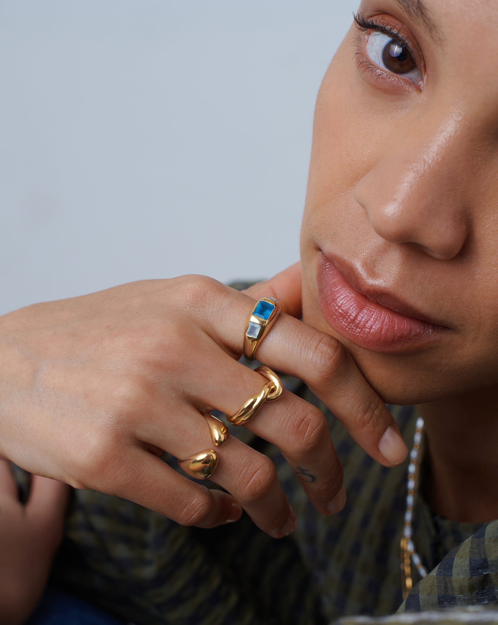 Good Vibes Triple Gemstone Statement Ring | 18ct Gold Plated/Petrol Blue Quartz & Aqua Chalcedony Rings Missoma 