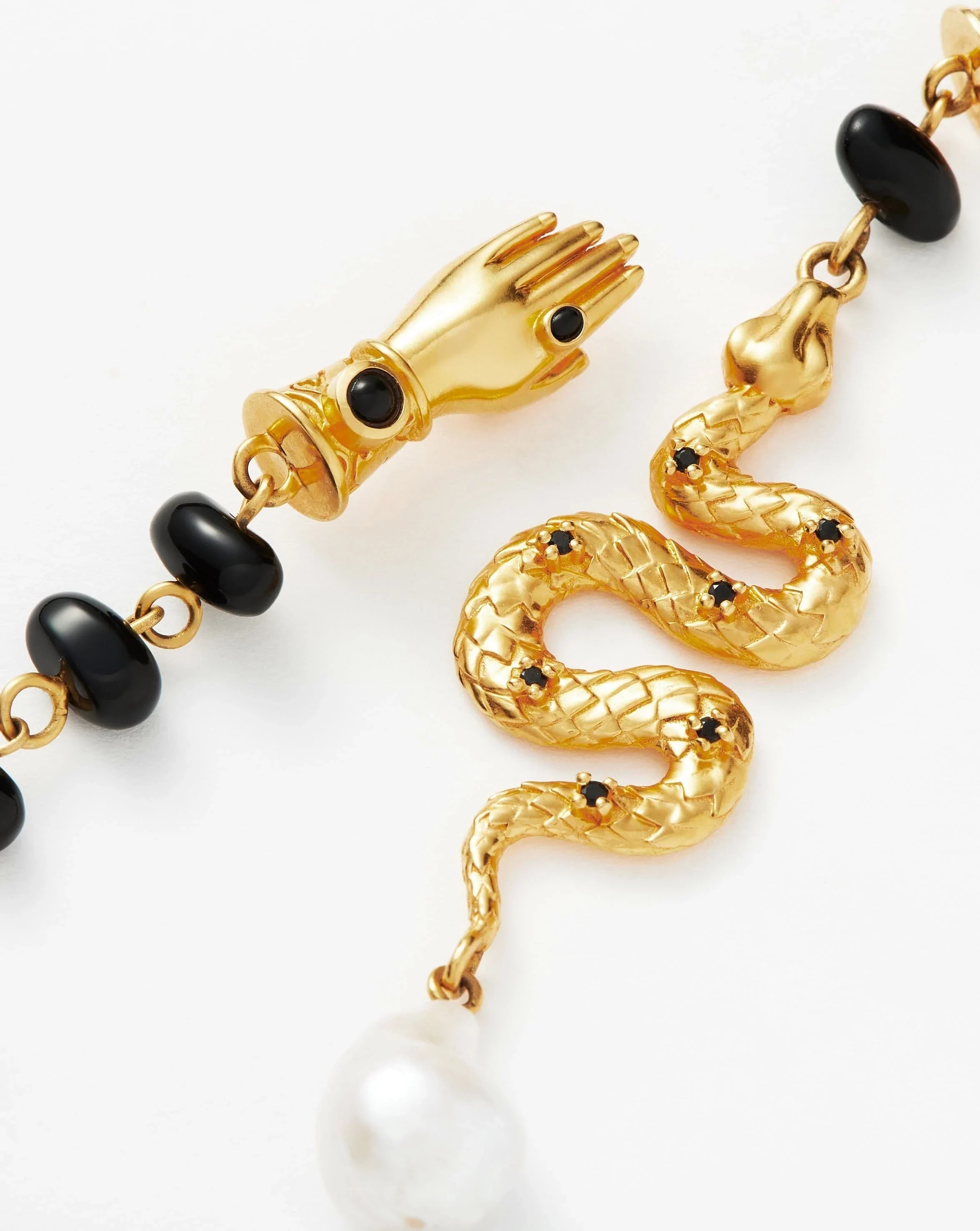 Harris Reed Handpicked Serpent Earrings | 18ct Gold Plated/Pearl & Black Onyx Earrings Missoma 