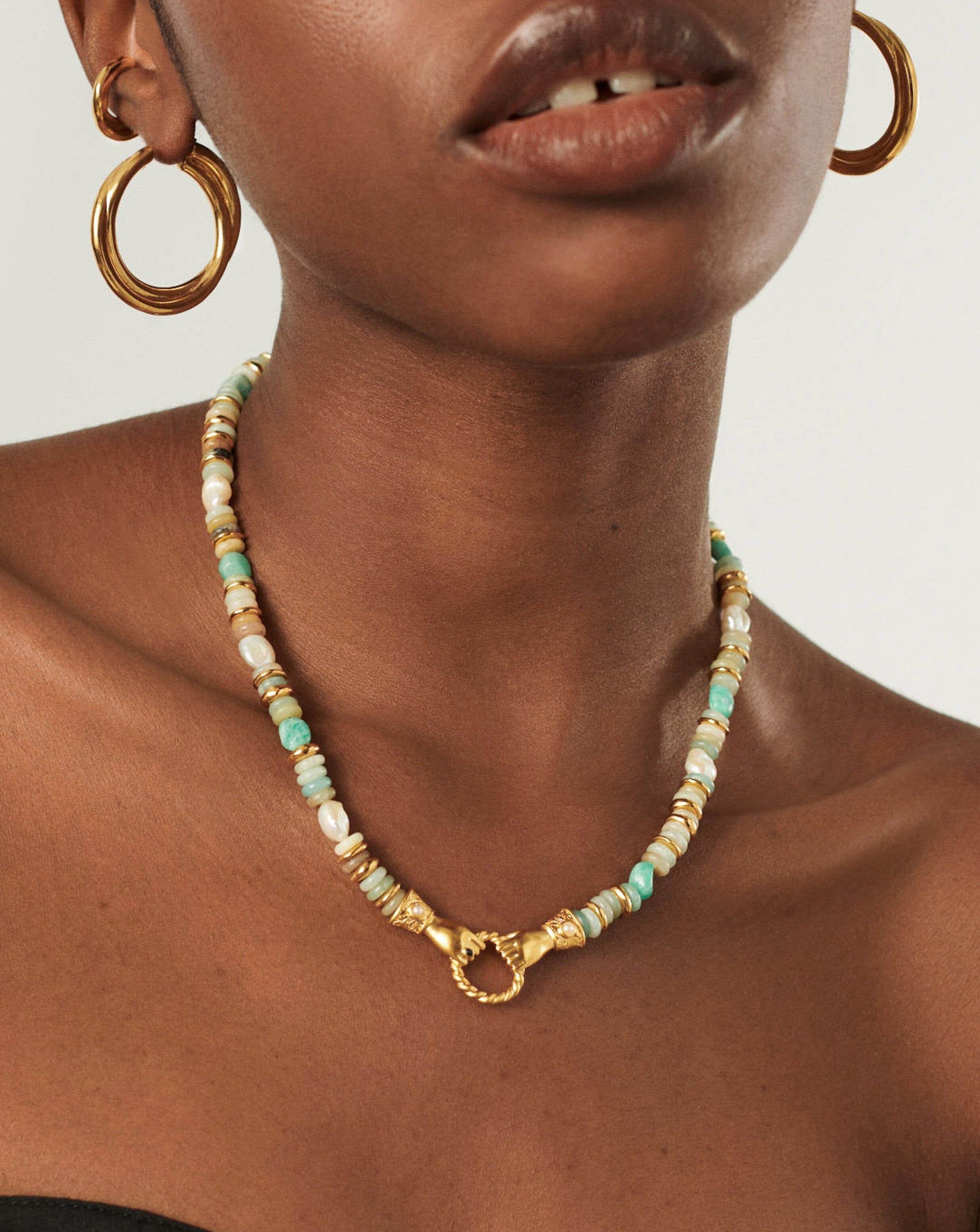 Harris Reed In Good Hands Chunky Beaded Gemstone Necklace | 18ct Gold Plated/Multi Amazonite & Pearl Necklaces Missoma 