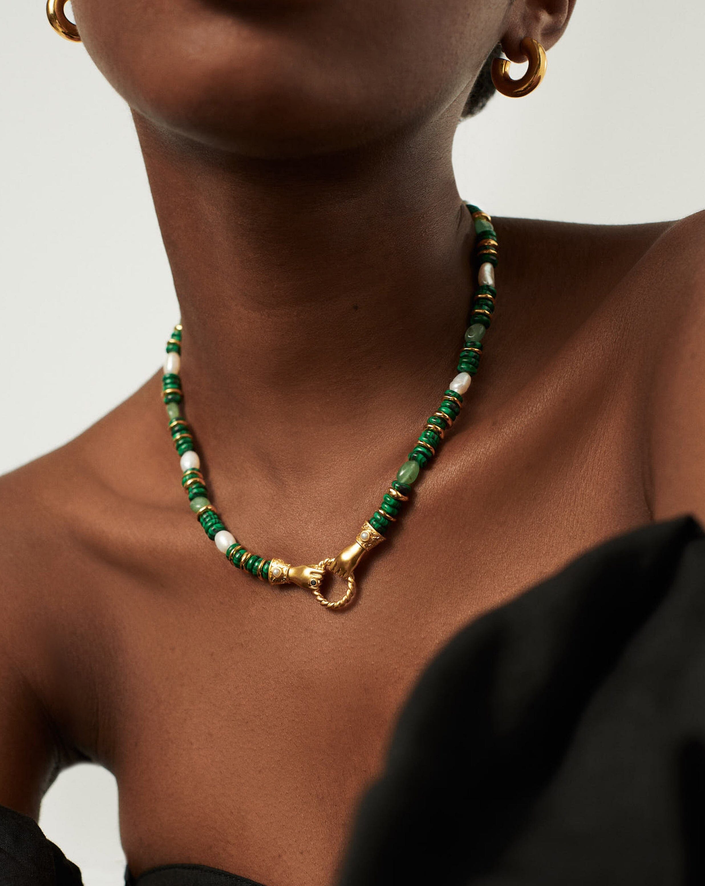 Harris Reed In Good Hands Chunky Beaded Gemstone Necklace | 18ct Gold Plated/Multi Green Gemstone & Pearl Necklaces Missoma 