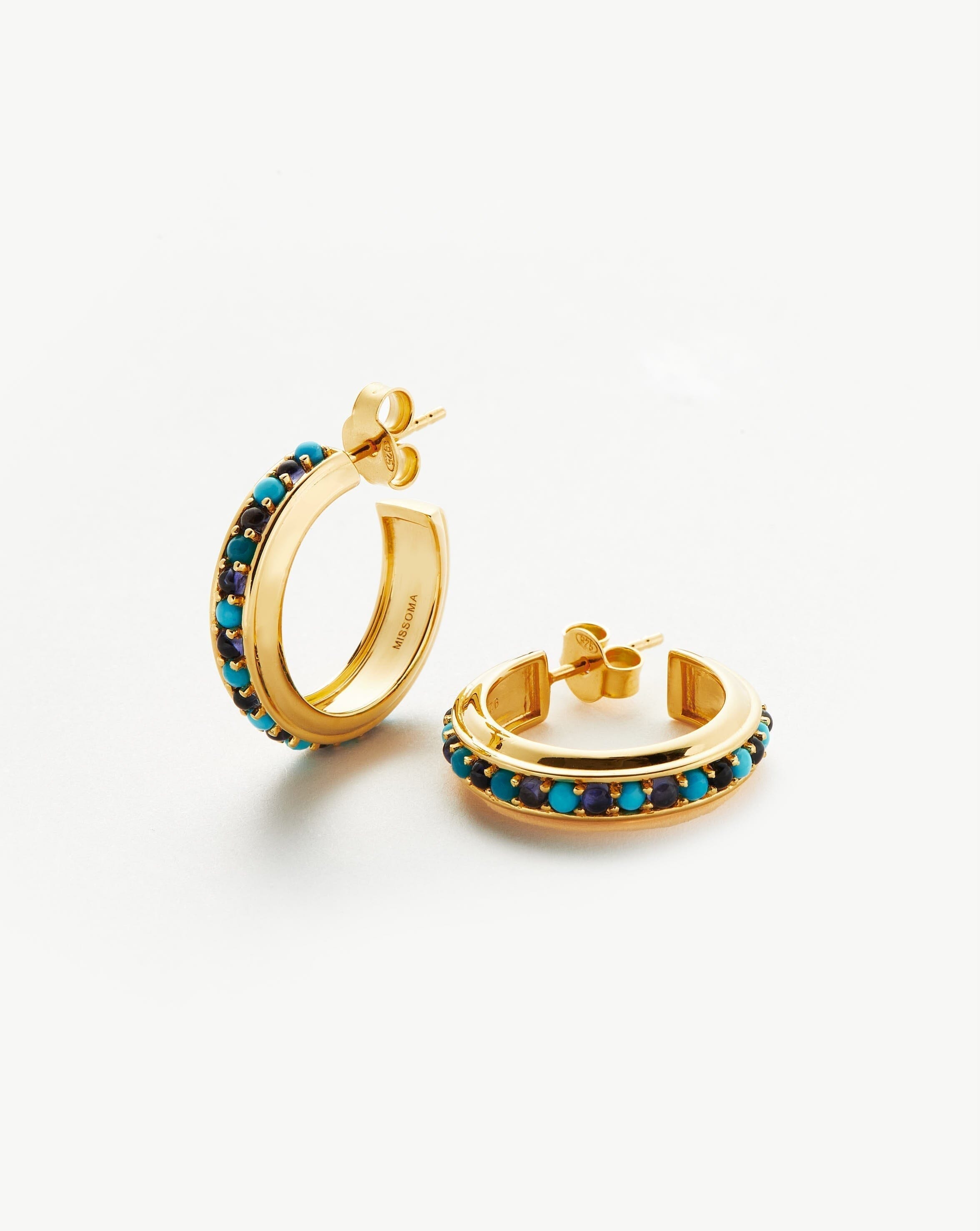 Hot Rox Gemstone Medium Hoop Earrings | 18ct Gold Plated Vermeil/Turquoise & Iolite Earrings Missoma 