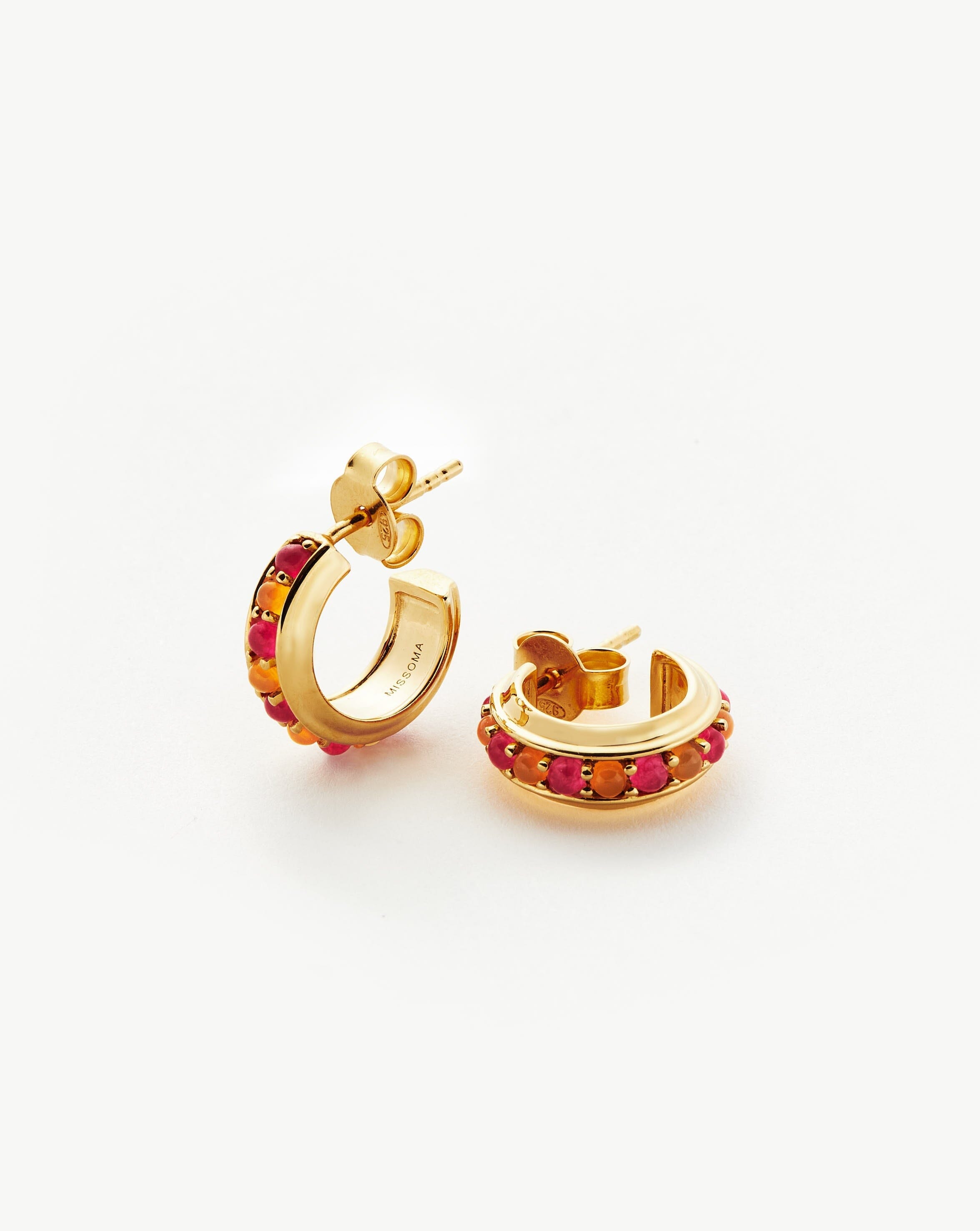 Hot Rox Gemstone Mini Hoop Earrings | 18ct Gold Plated Vermeil/Pink Quartz & Peach Chalcedony Earrings Missoma 