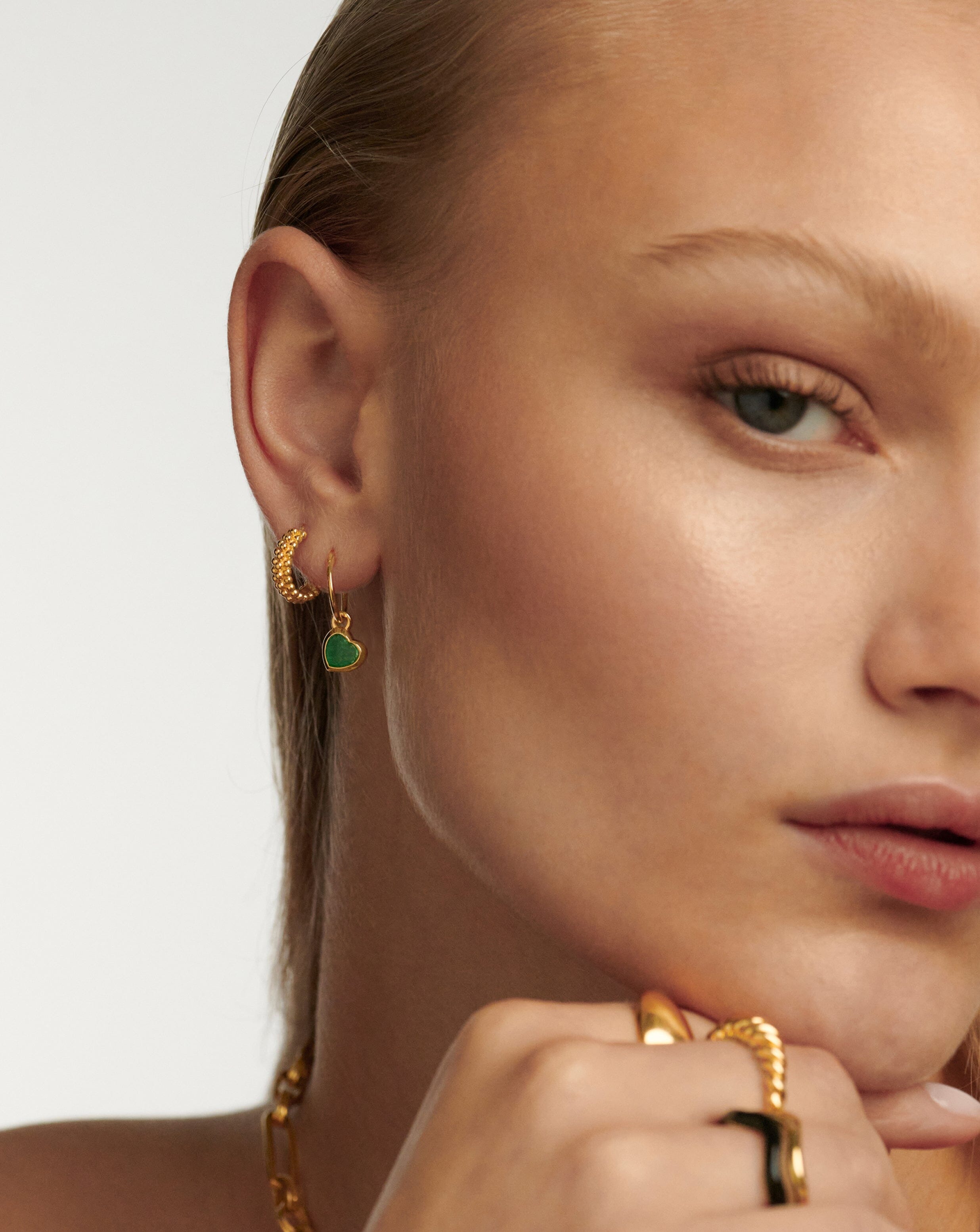 Jelly Heart Charm Mini Hoop Earrings | 18ct Gold Plated Vermeil/Green Chalcedony Earrings Missoma 