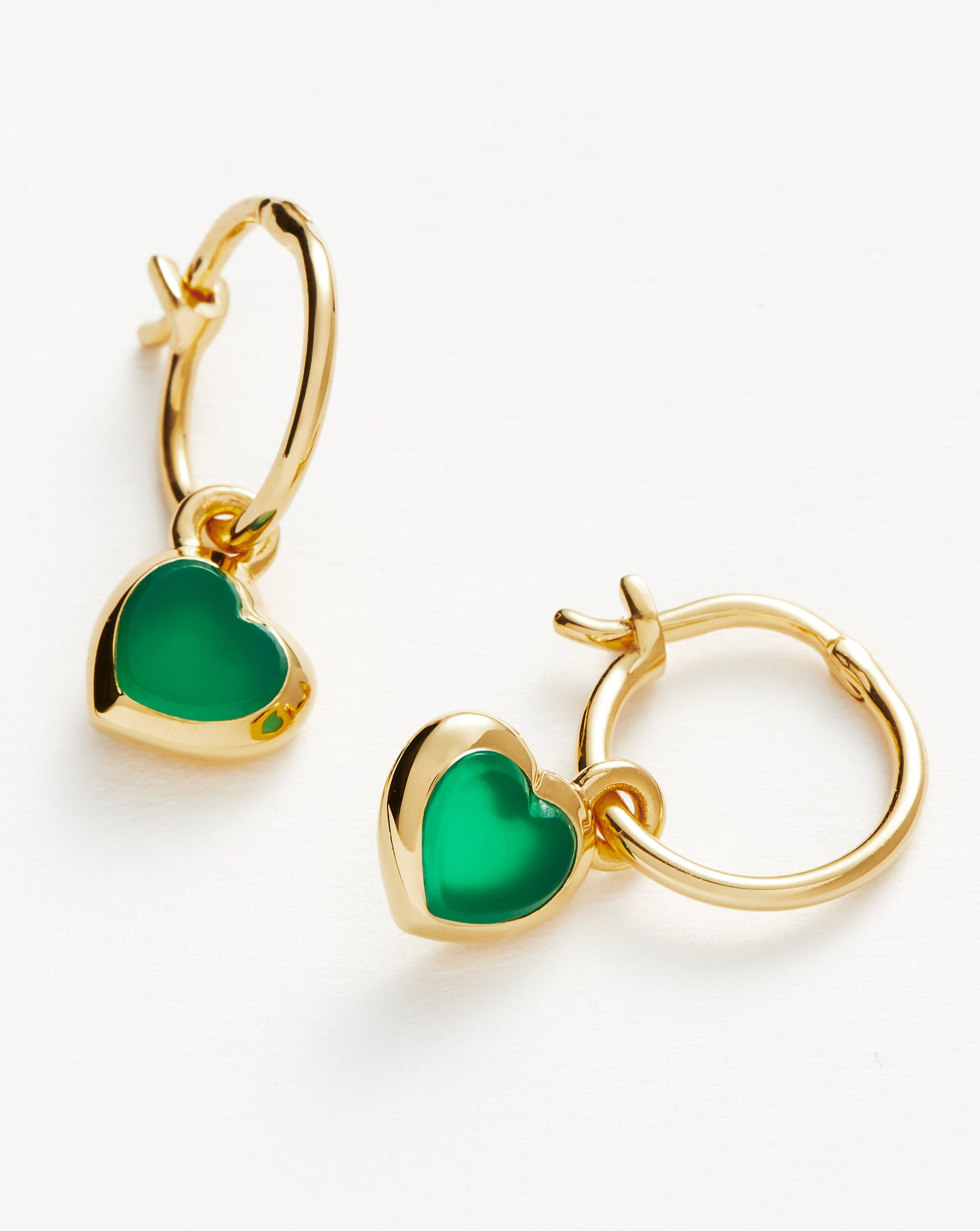 Jelly Heart Charm Mini Hoop Earrings | 18ct Gold Plated Vermeil/Green Chalcedony Earrings Missoma 