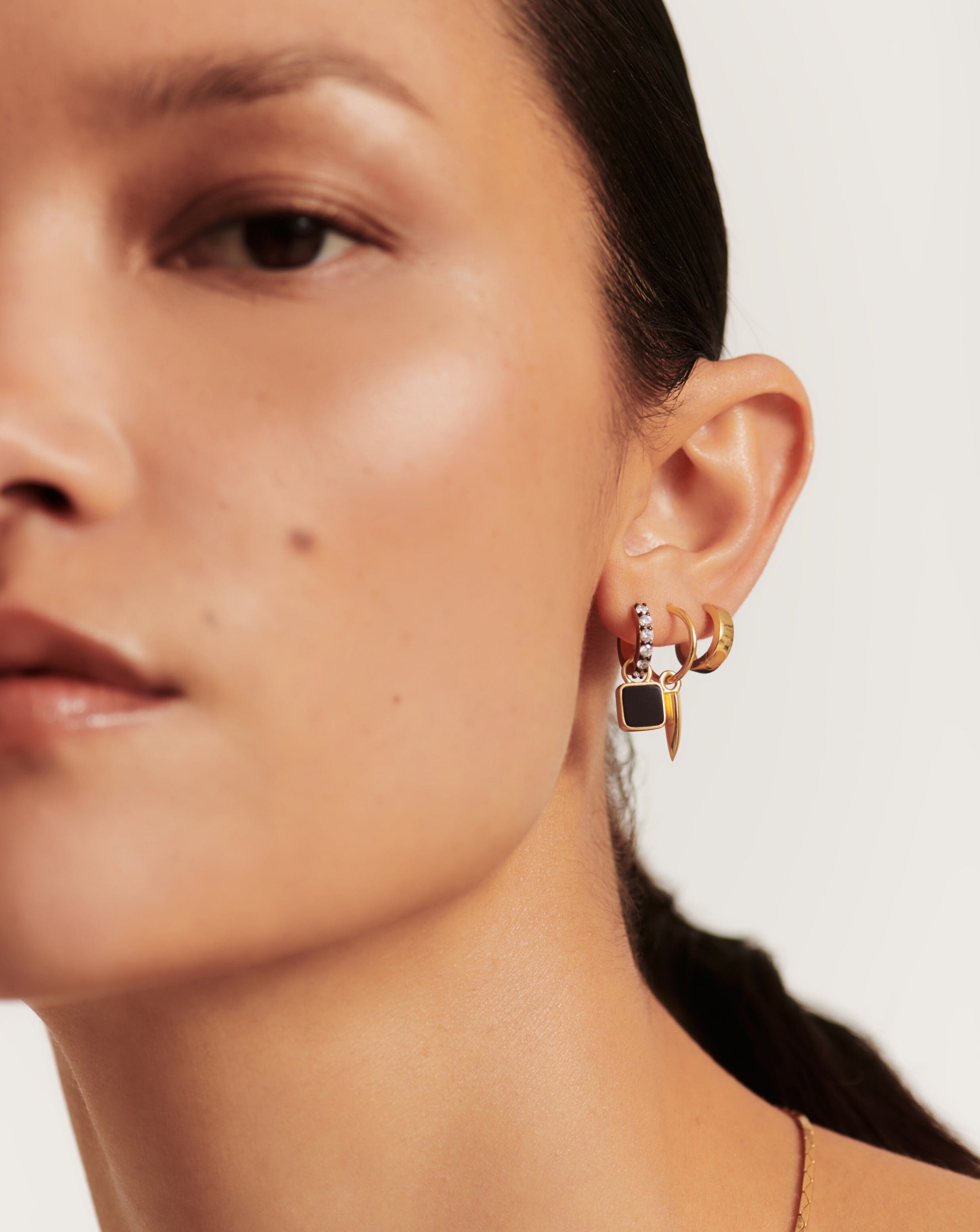 Lucy Williams Square Black Onyx Charm Mini Hoop Earrings | 18ct Gold Plated Vermeil/Black Onyx Earrings Missoma 