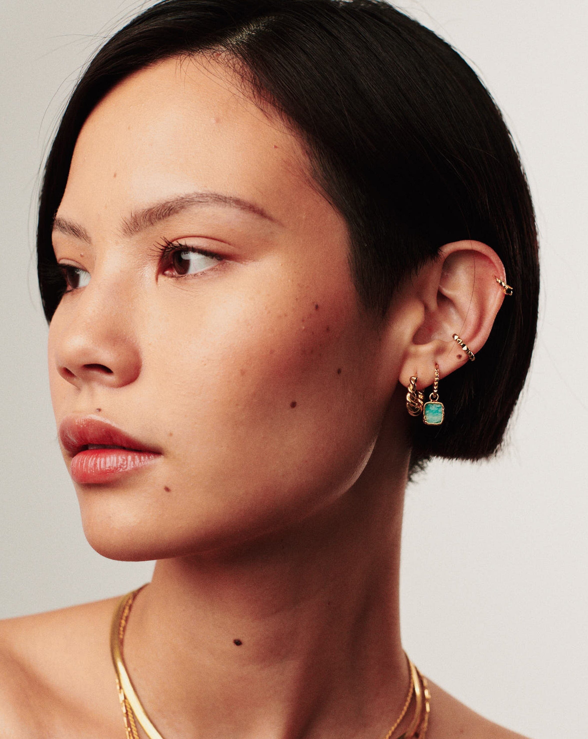 Mini Pyramid Charm Hoop Earrings | 18ct Gold Plated Vermeil/Amazonite Earrings Missoma 