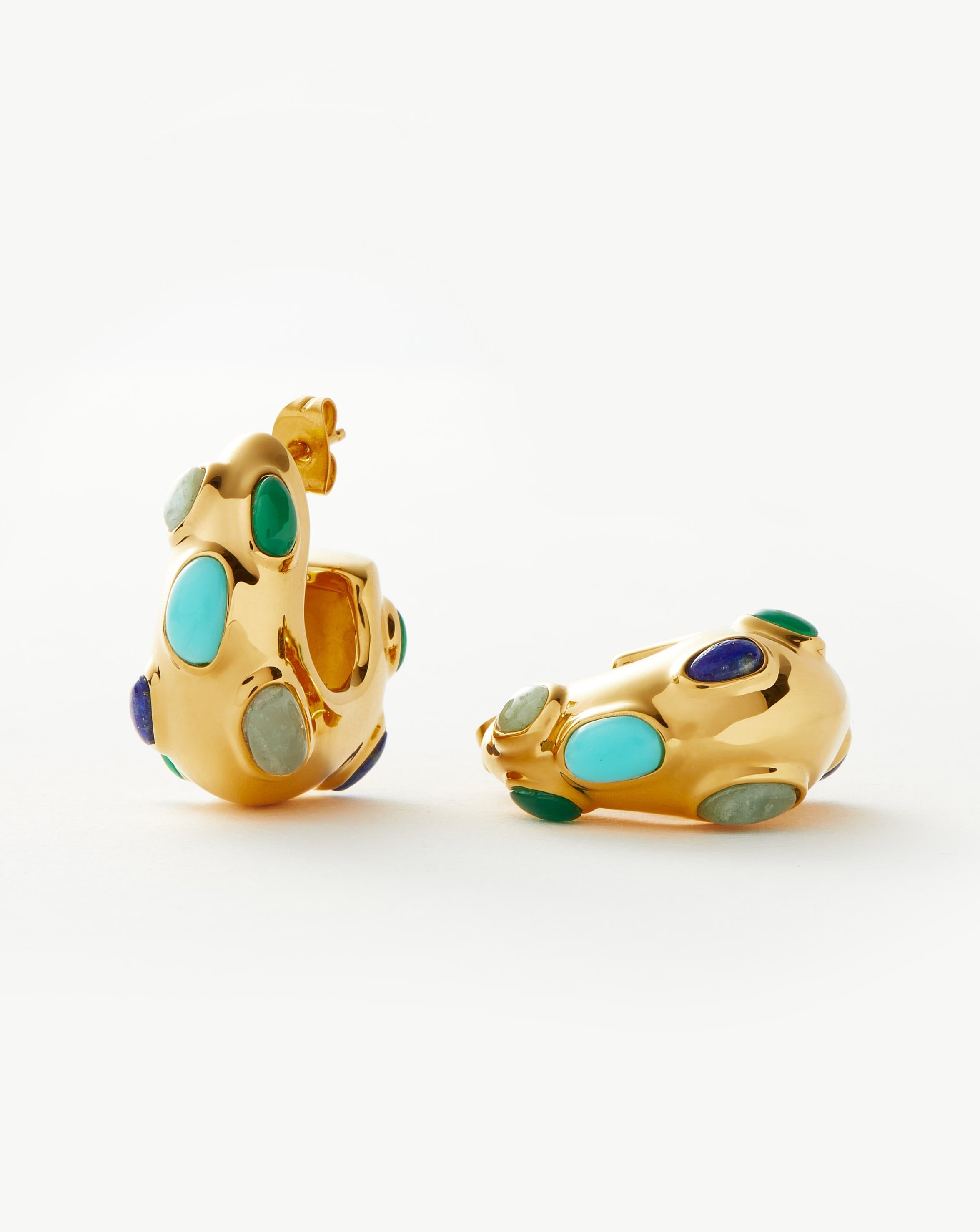 Molten Gemstone Chubby Medium Hoop Earrings | 18ct Gold Plated/Chalcedony & Turquoise & Aquamarine Earrings Missoma 