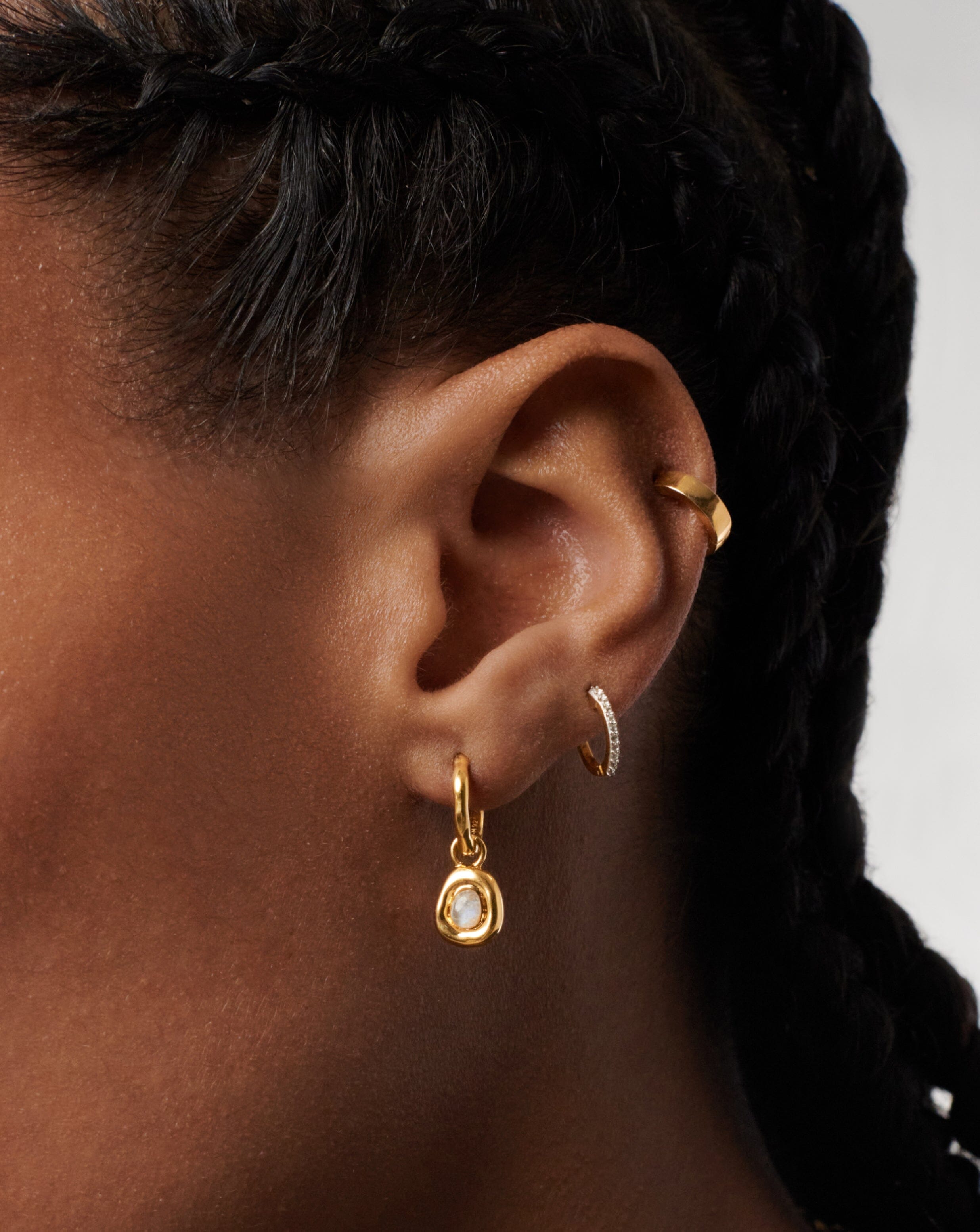 Molten Gemstone Doughnut Charm Mini Hoop Earrings | 18ct Gold Plated Vermeil/Rainbow Moonstone Earrings Missoma 