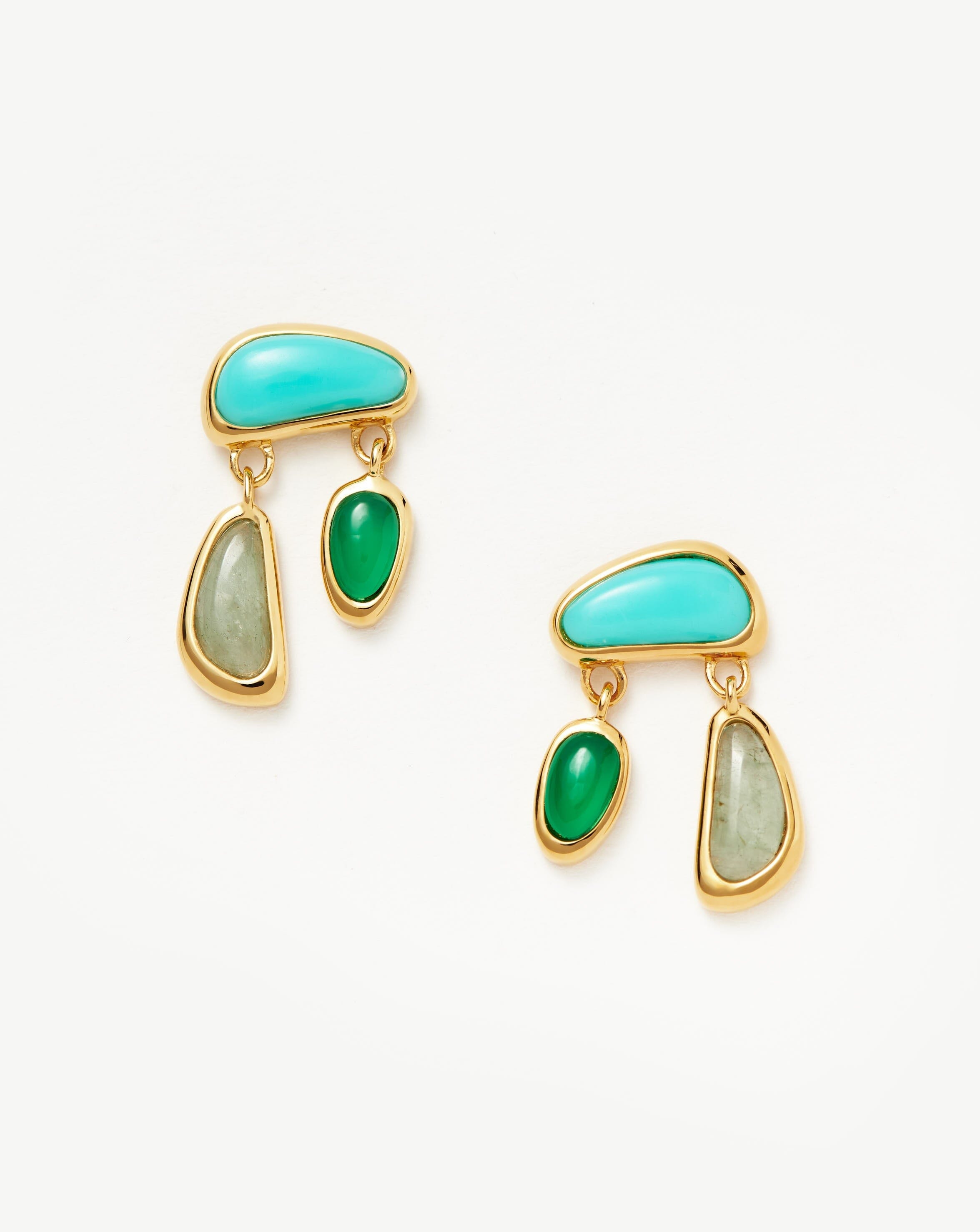 Molten Gemstone Floating Charm Stud Earrings | 18ct Gold Plated/Chalcedony & Turquoise & Aquamarine Earrings Missoma 