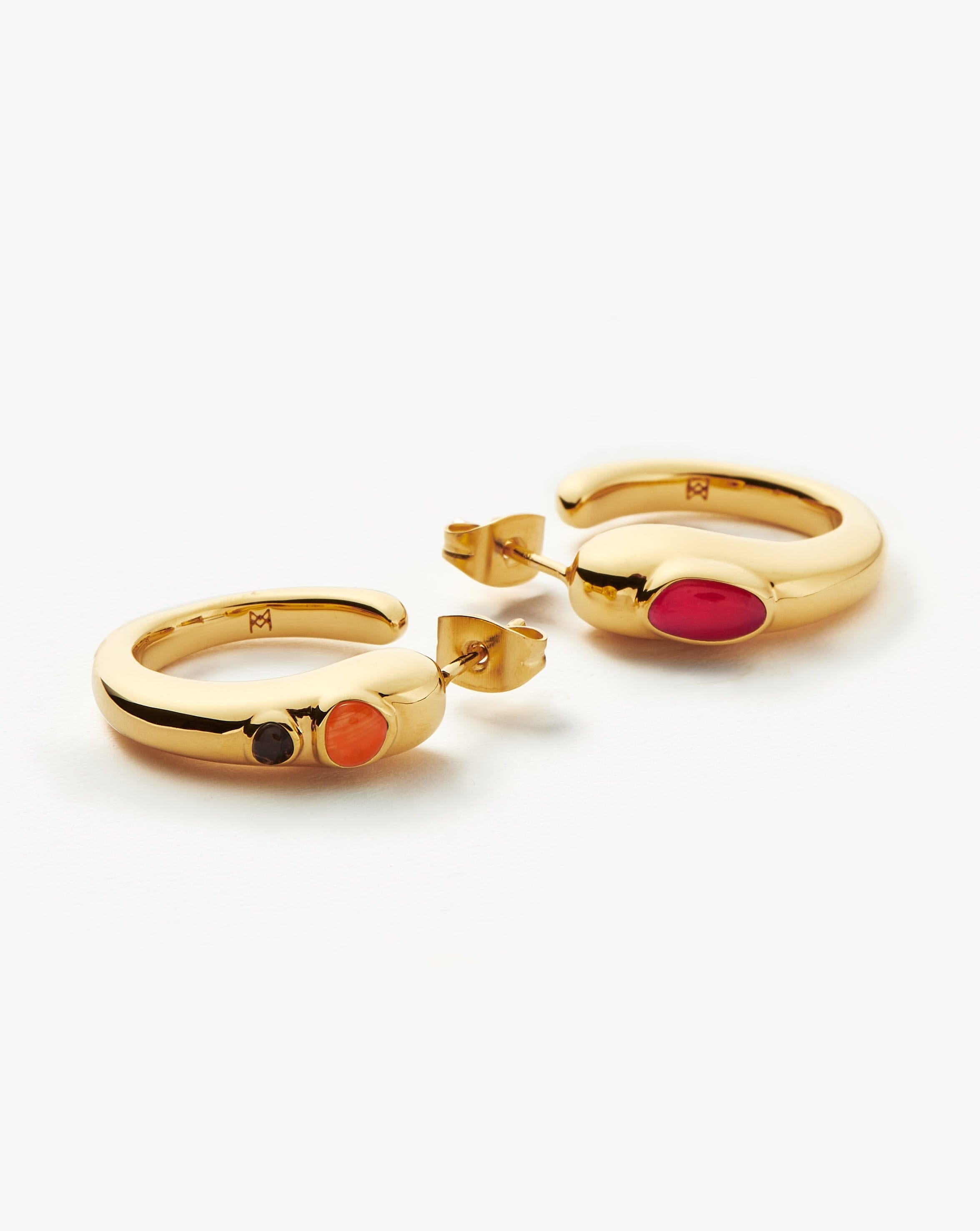 Molten Gemstone Mismatched Medium Hoop Earrings | 18ct Gold Plated/Chalcedony & Quartz Earrings Missoma 