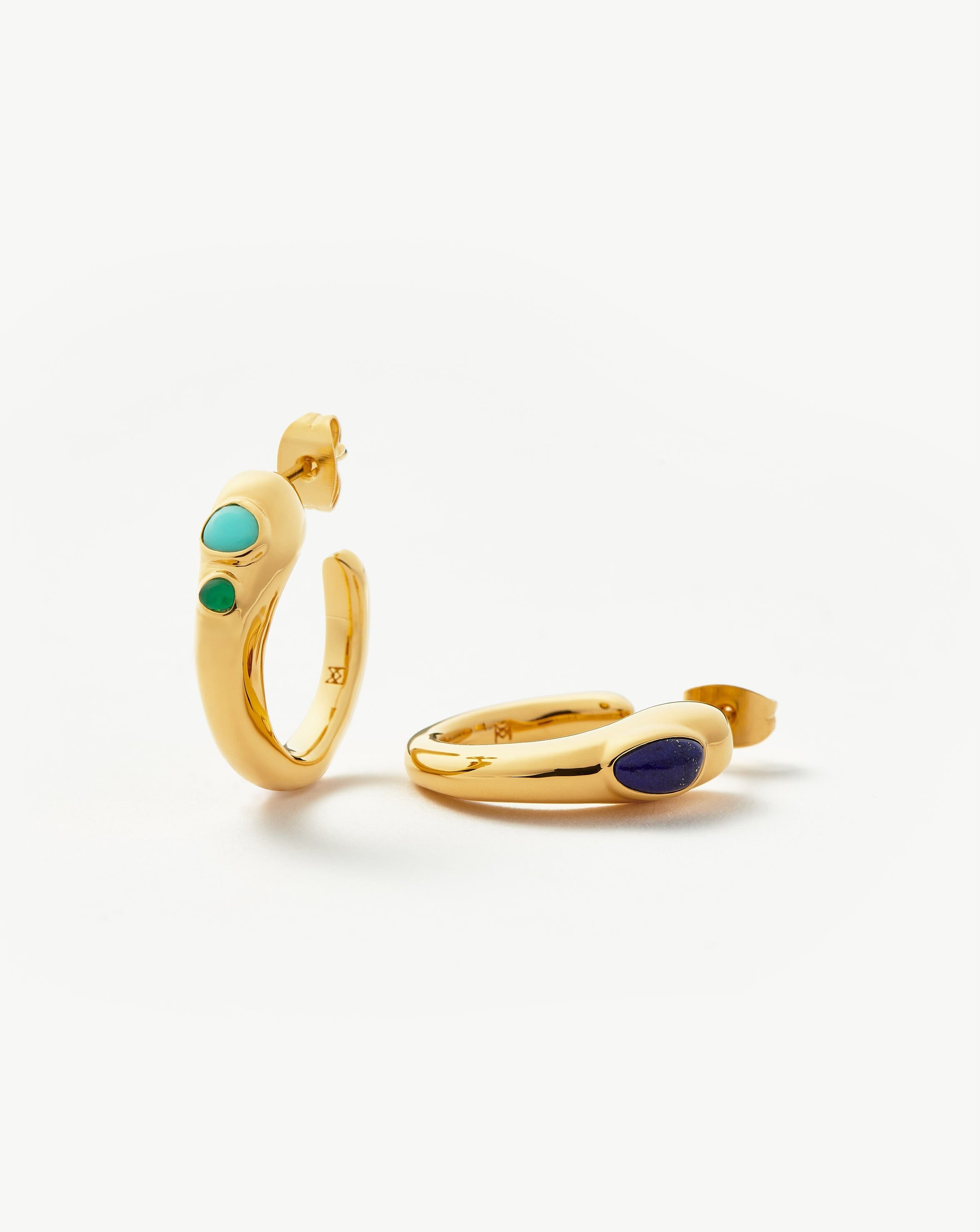 Molten Gemstone Mismatched Medium Hoop Earrings | 18ct Gold Plated/Chalcedony & Turquoise & Lapis Earrings Missoma 