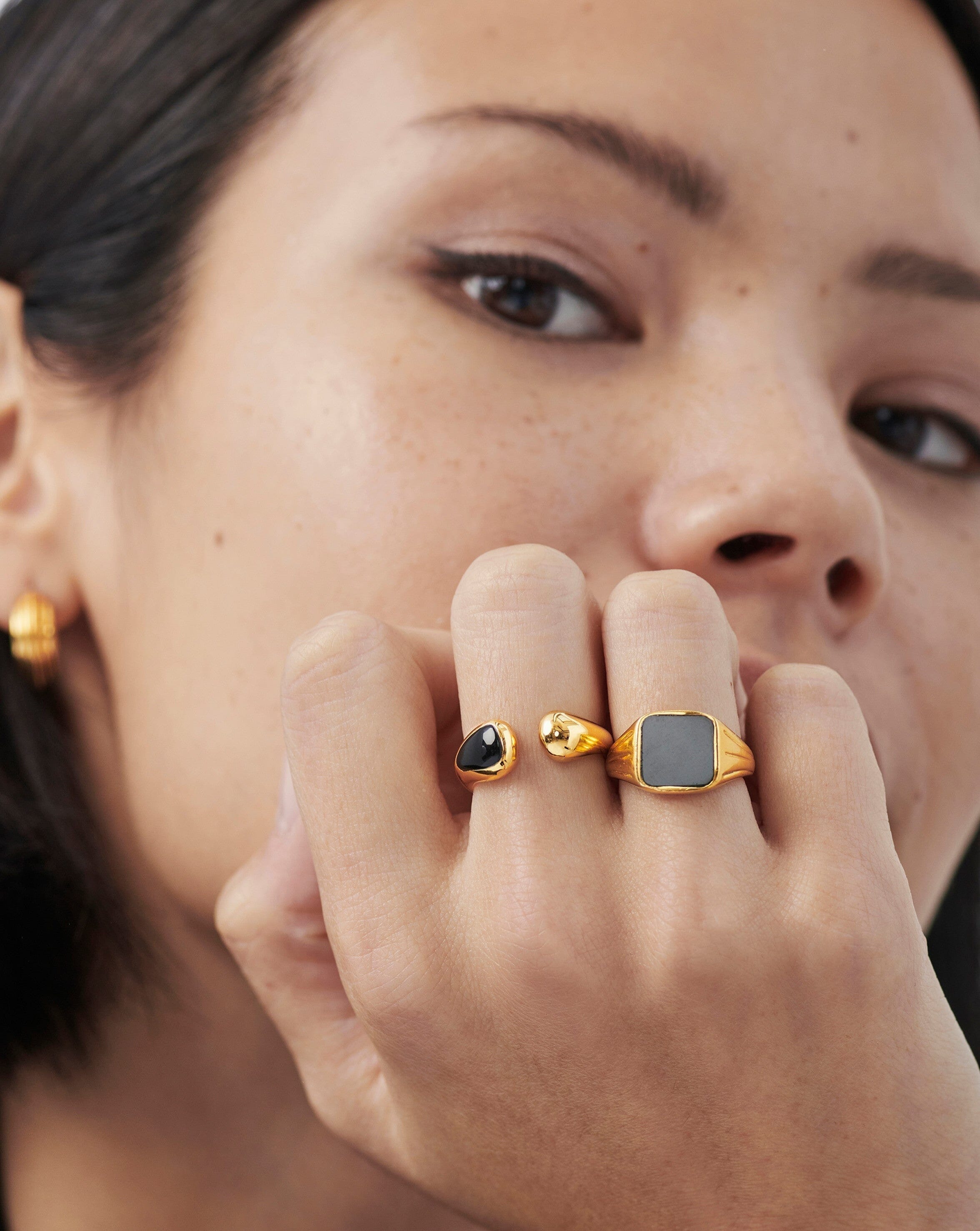 Savi Sculptural Black Onyx Open Ring | 18ct Gold Plated Vermeil/Black Onyx Rings Missoma 