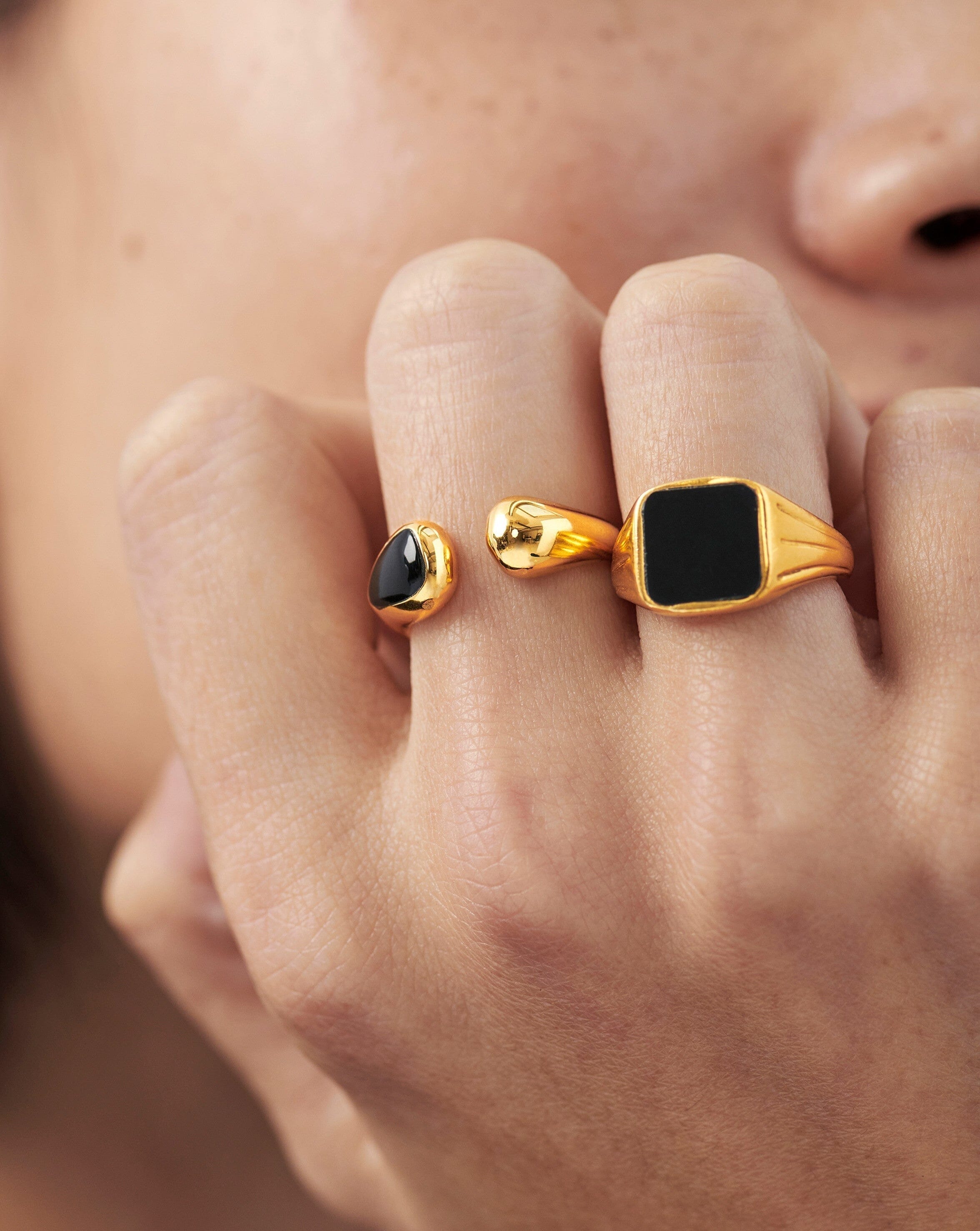 Savi Sculptural Black Onyx Open Ring | 18ct Gold Plated Vermeil/Black Onyx Rings Missoma 