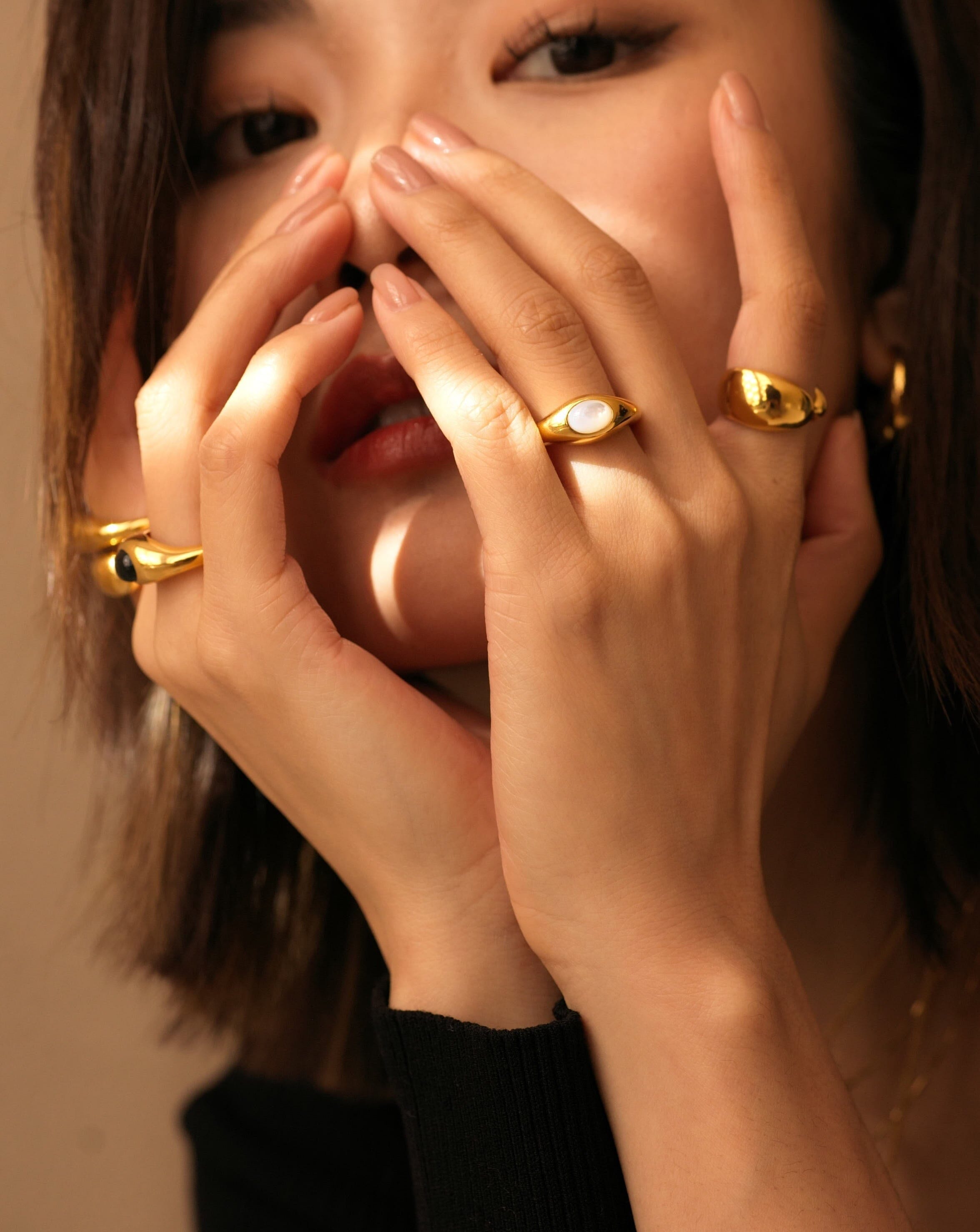 Savi Sculptural Gemstone Stacking Ring | 18ct Gold Plated Vermeil/Mother of Pearl Rings Missoma 