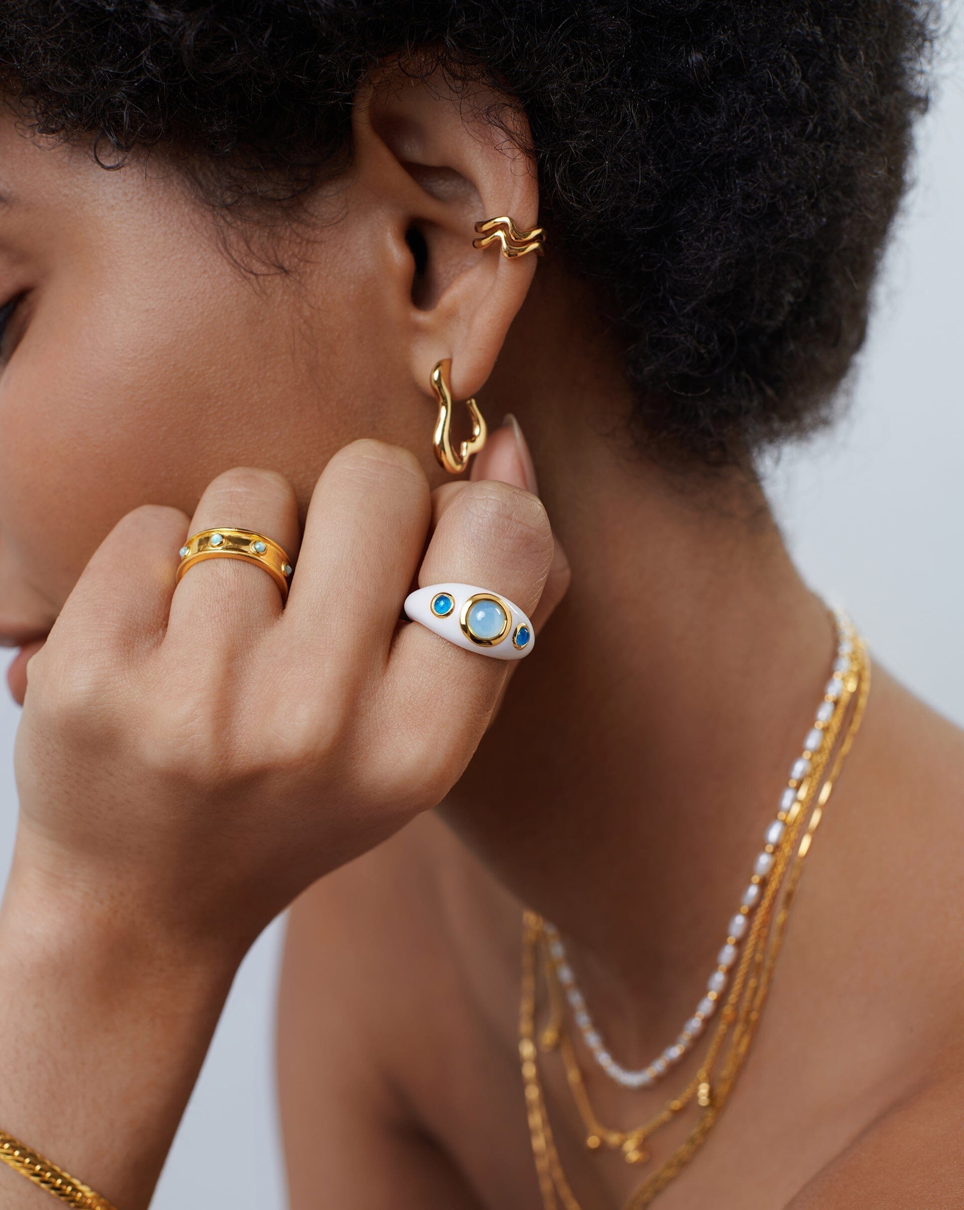 Squiggle Gemstone Enamel Statement Ring | 18ct Gold Plated/Aqua Chalcedony & Blue Quartz Rings Missoma 